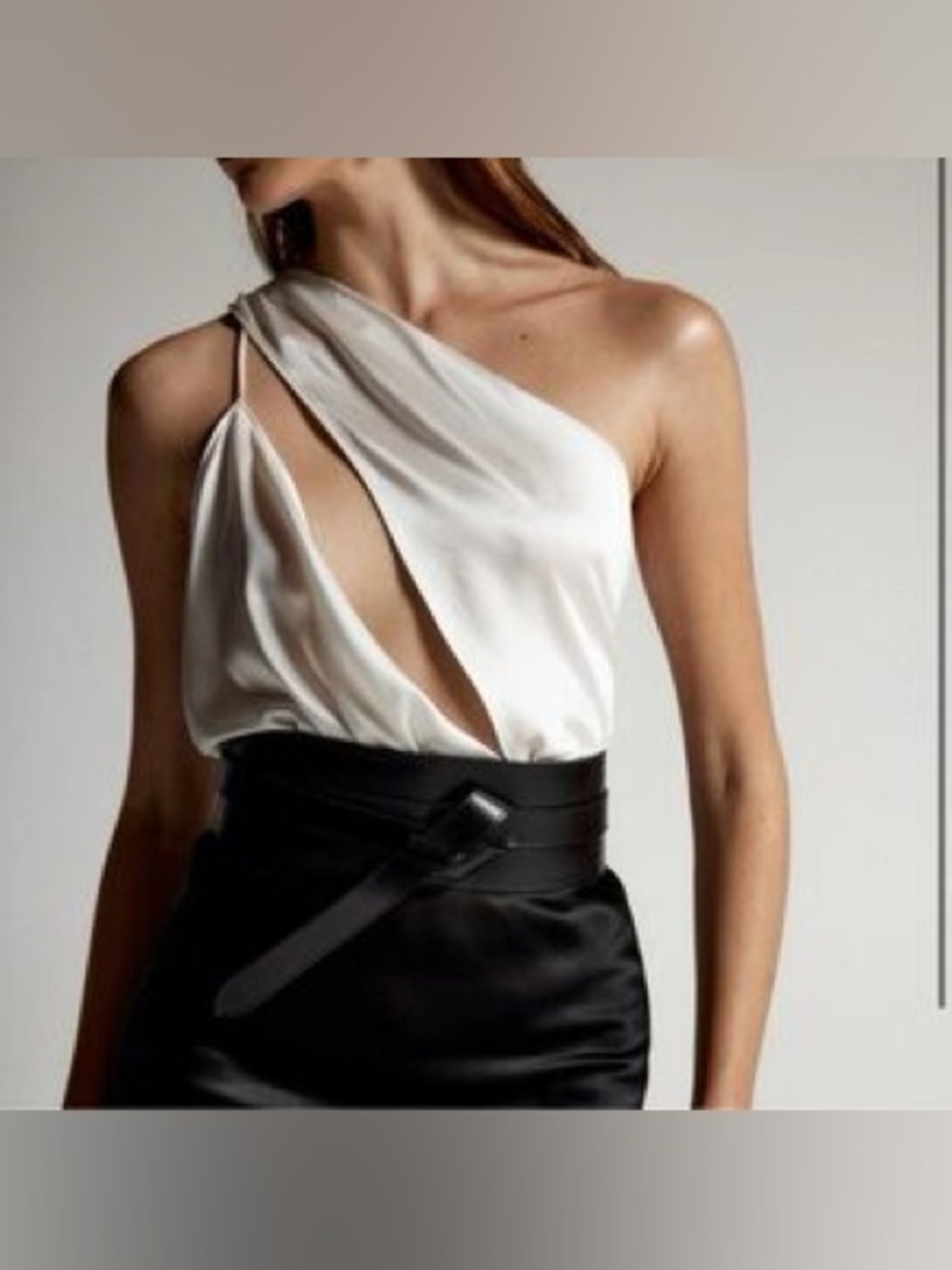 Clyque Tara Asymmetric One-Shoulder Satin Bodysuit
